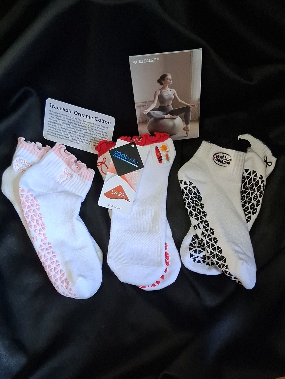 Juclise Gripper Socks - Set Of 3 - Coolmax - M - Yoga Pilates Embroidered